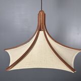 Teak And Linen Umbrella Counter Balance Pendant By Domus, 1970s