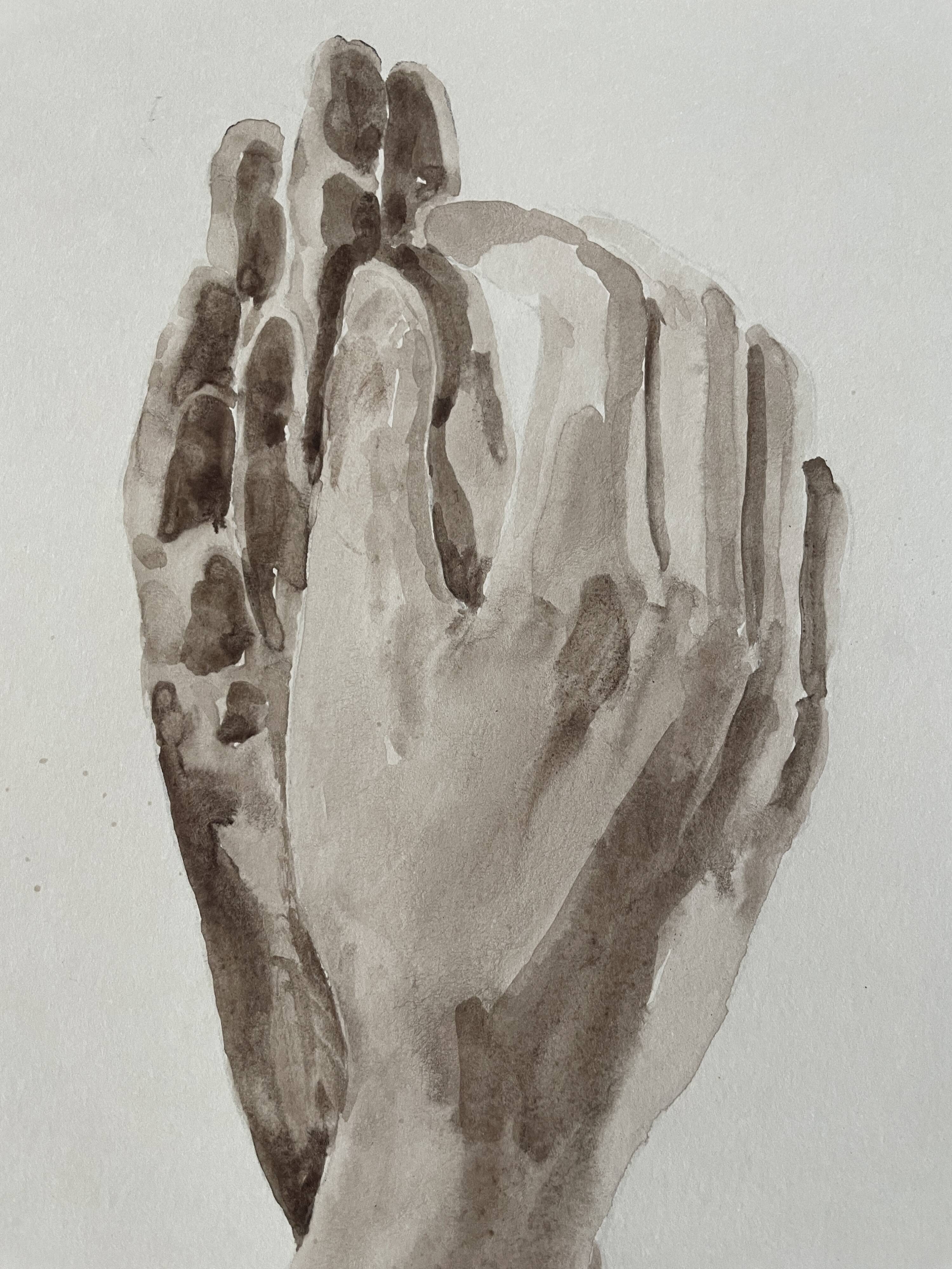 Painting signed watercolor monochrome sepia study statue “Rodin’s Cathedral”