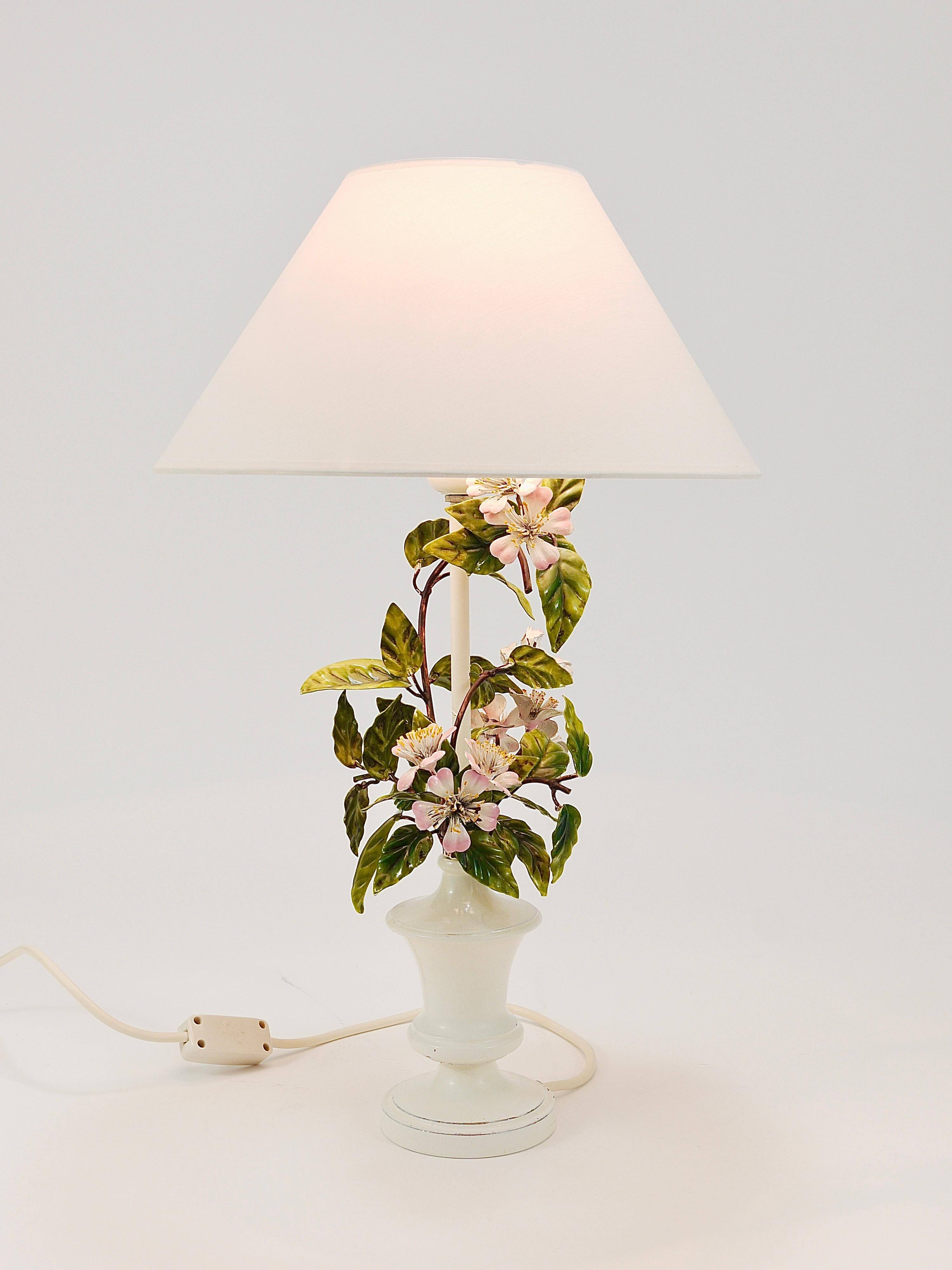 Hand-painted Toleware table lamp with wild apple blossom flowers, Salvadori, Italy, 1950s.