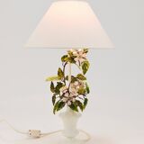 Hand-painted Toleware table lamp with wild apple blossom flowers, Salvadori, Italy, 1950s.