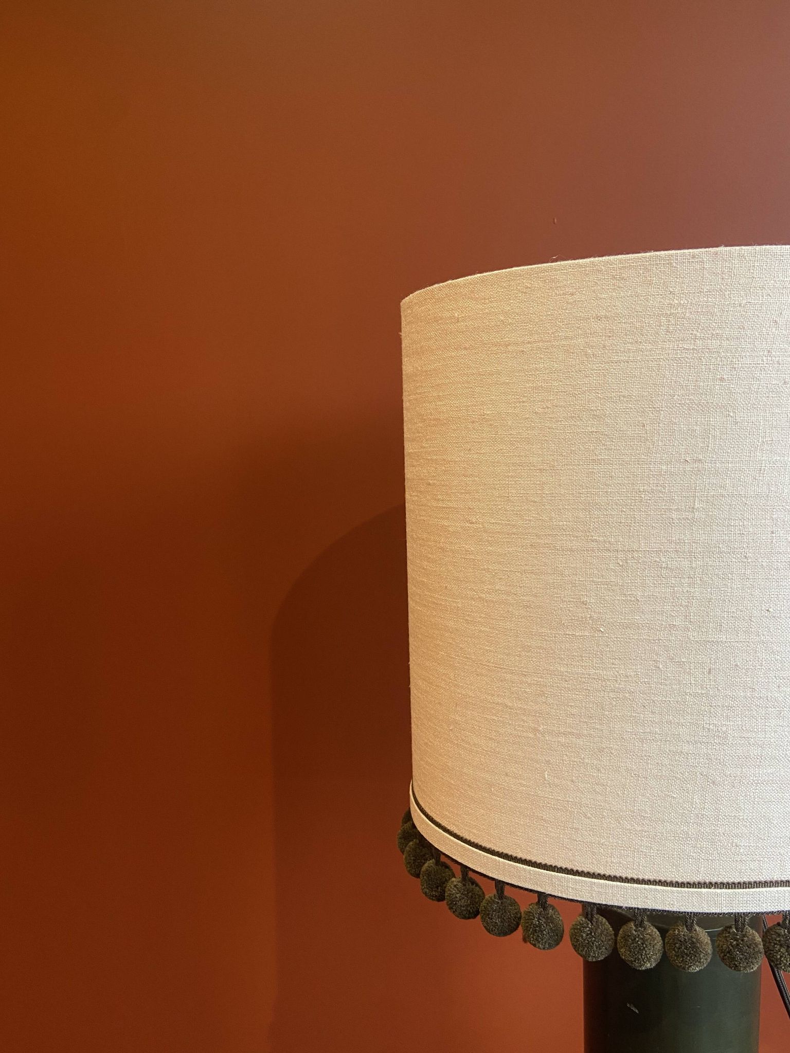 Copper "bouillotte" lamp with Ashoka Silk shade, pom-poms of c