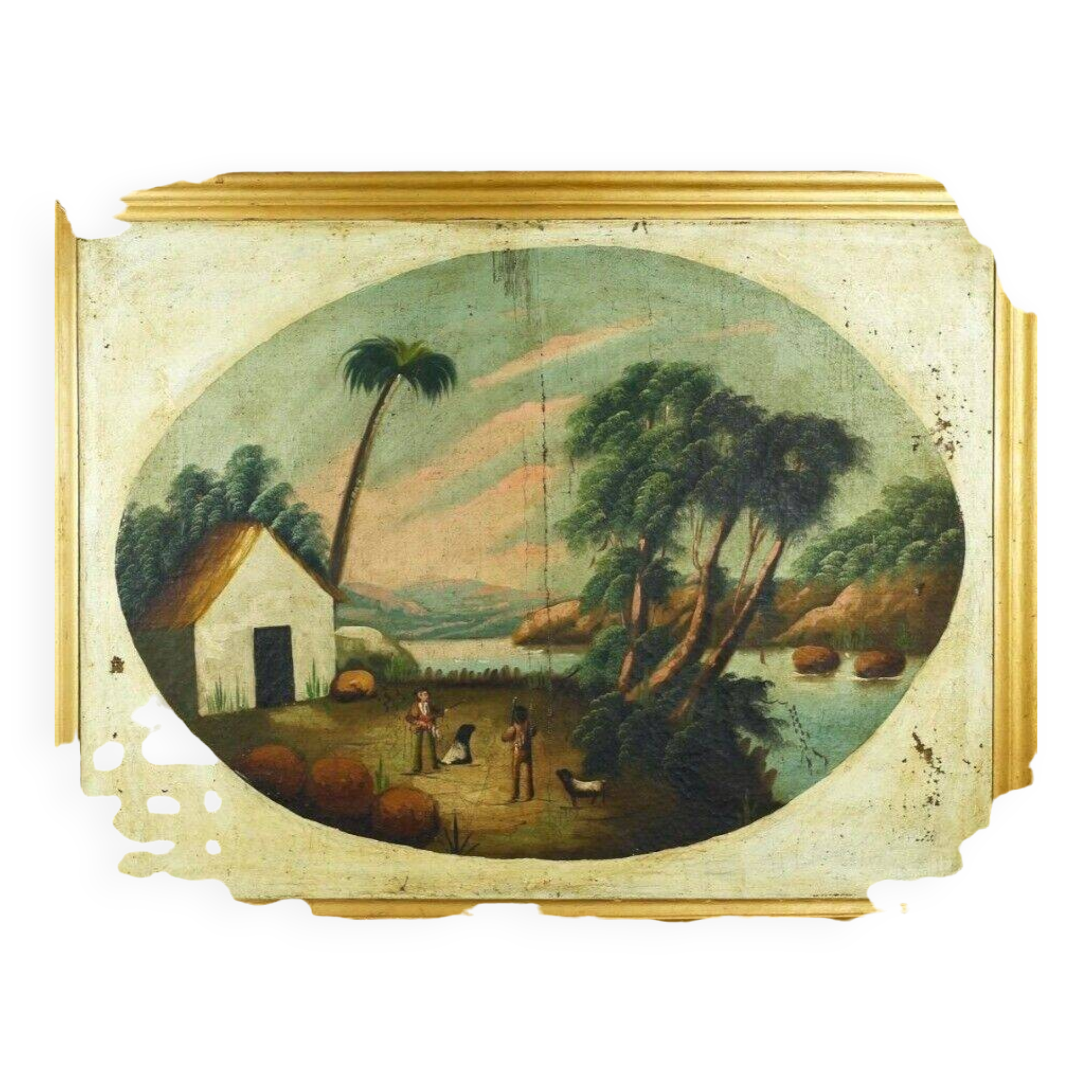 Peinture à l'huile ancienne Paysage avec bord de rivière animé, Italie 19ème siècle.