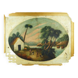 Peinture à l'huile ancienne Paysage avec bord de rivière animé, Italie 19ème siècle.