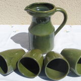 Green pitcher and 4 cups assorted terra cotta