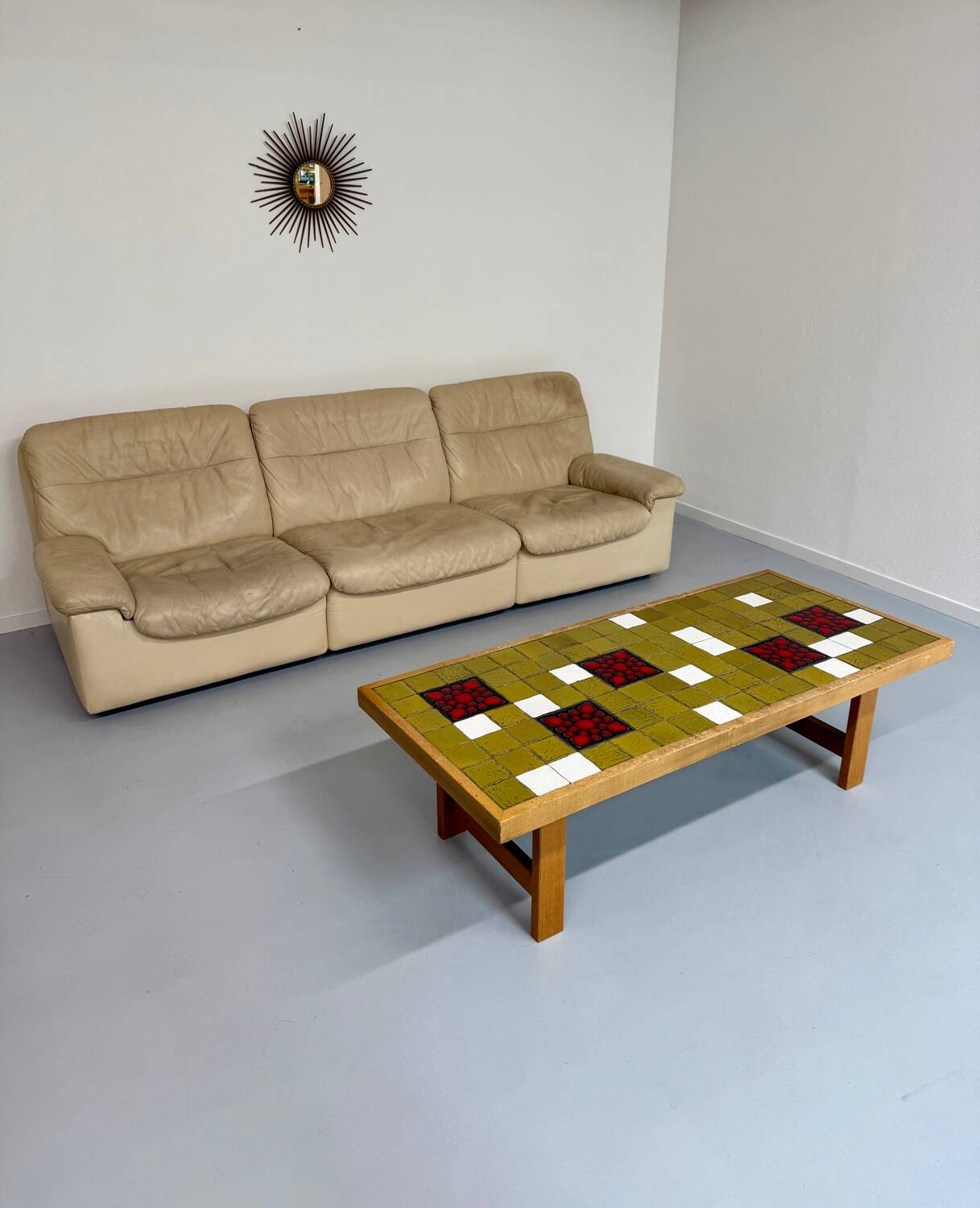 Old 3-seater beige leather sofa designed by Carl Larsson De Sede, vintage 80s