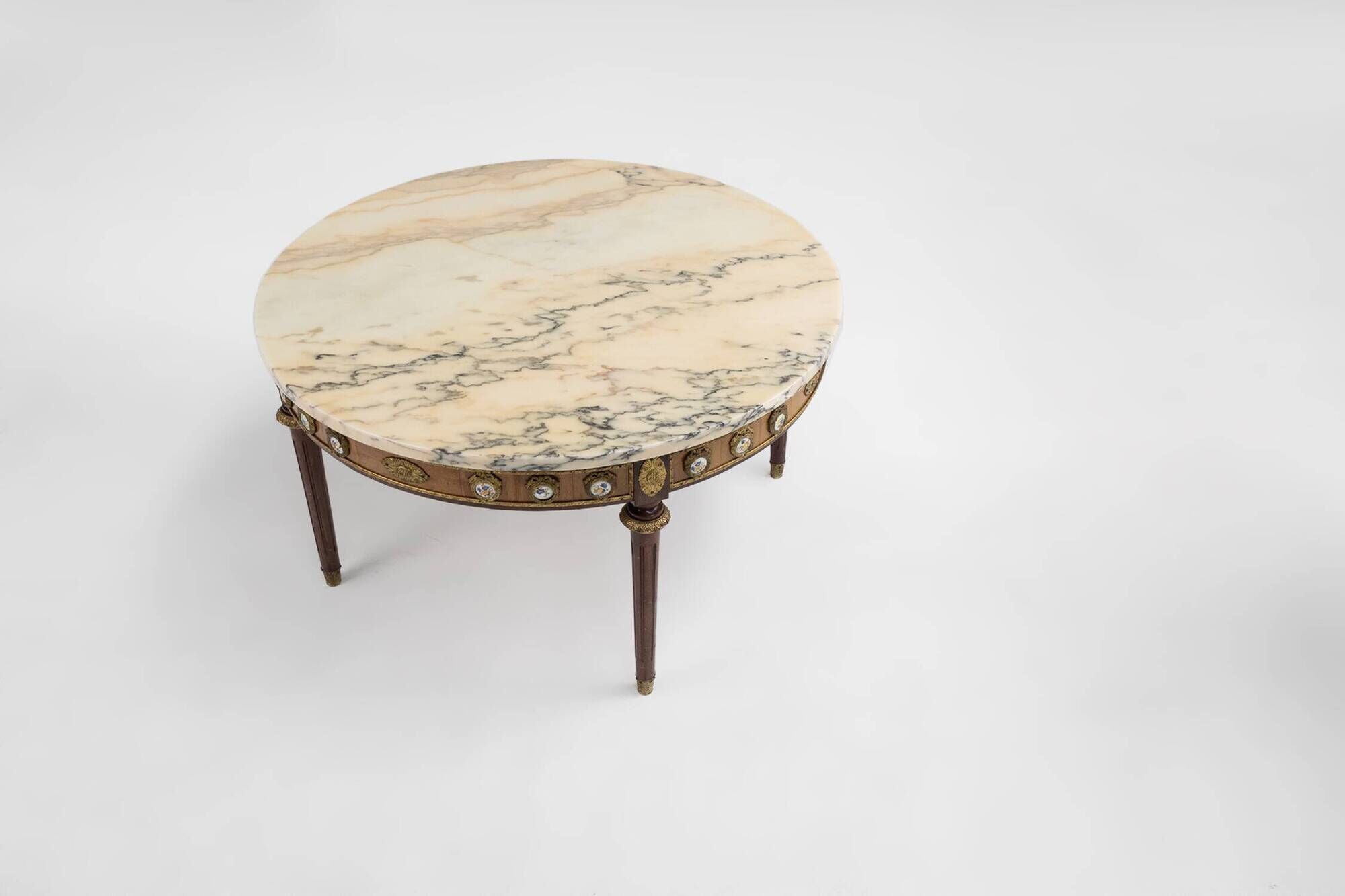 French coffee table with pink marble top and Limoges plaques, ca. 1950
