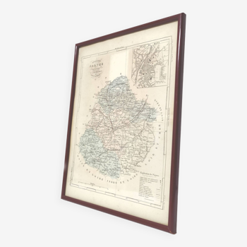 Carte gravure de la Sarthe cadre bois plan ancien du Mans