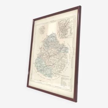 Engraved map of Sarthe wooden frame old plan of Le Mans