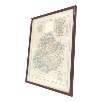 Carte gravure de la Sarthe cadre bois plan ancien du Mans