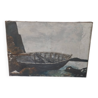 Tableau huile sur toile ancienne barque