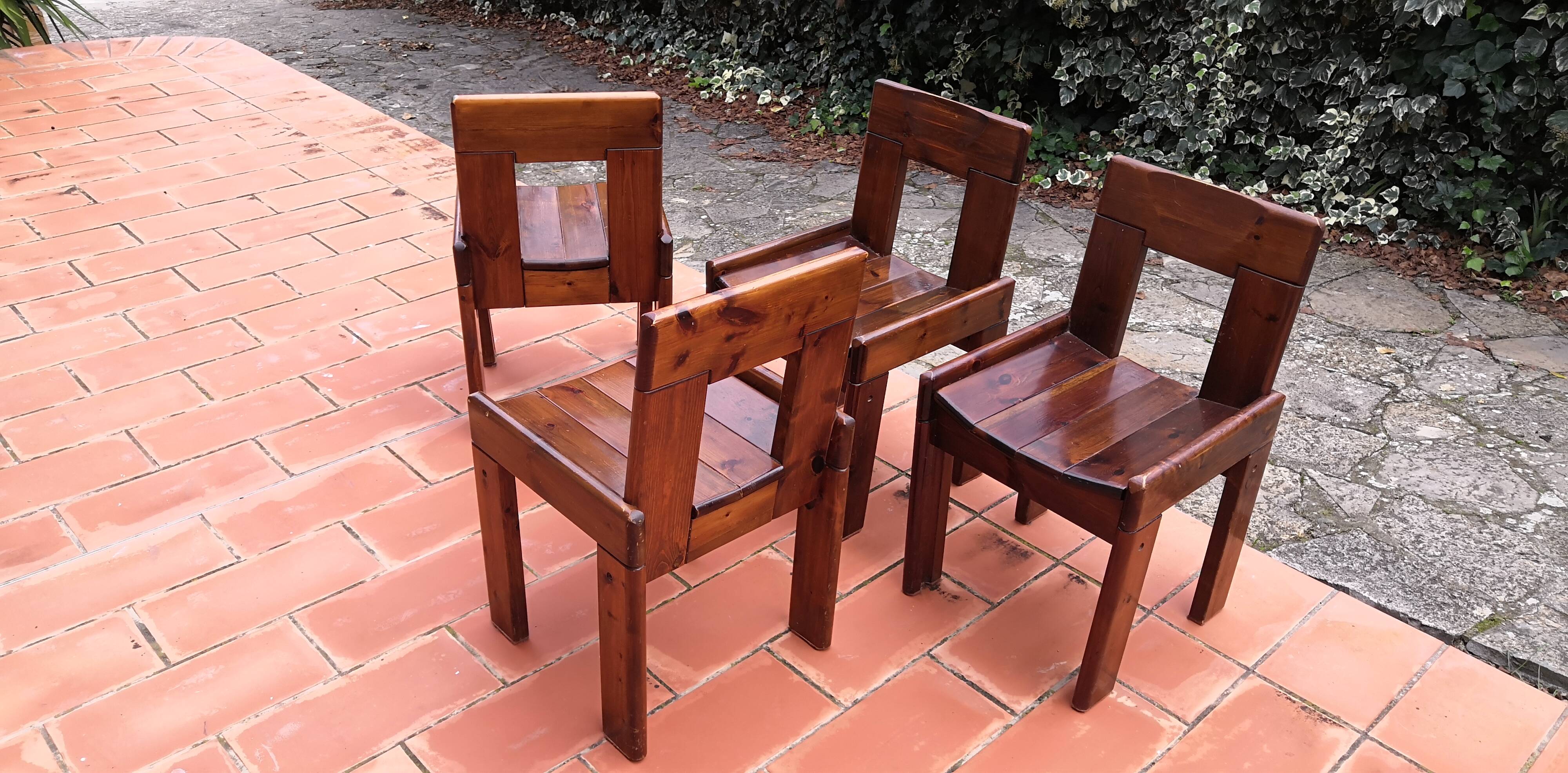 Brutalist Solid Pine Chairs Set of 4, 70s