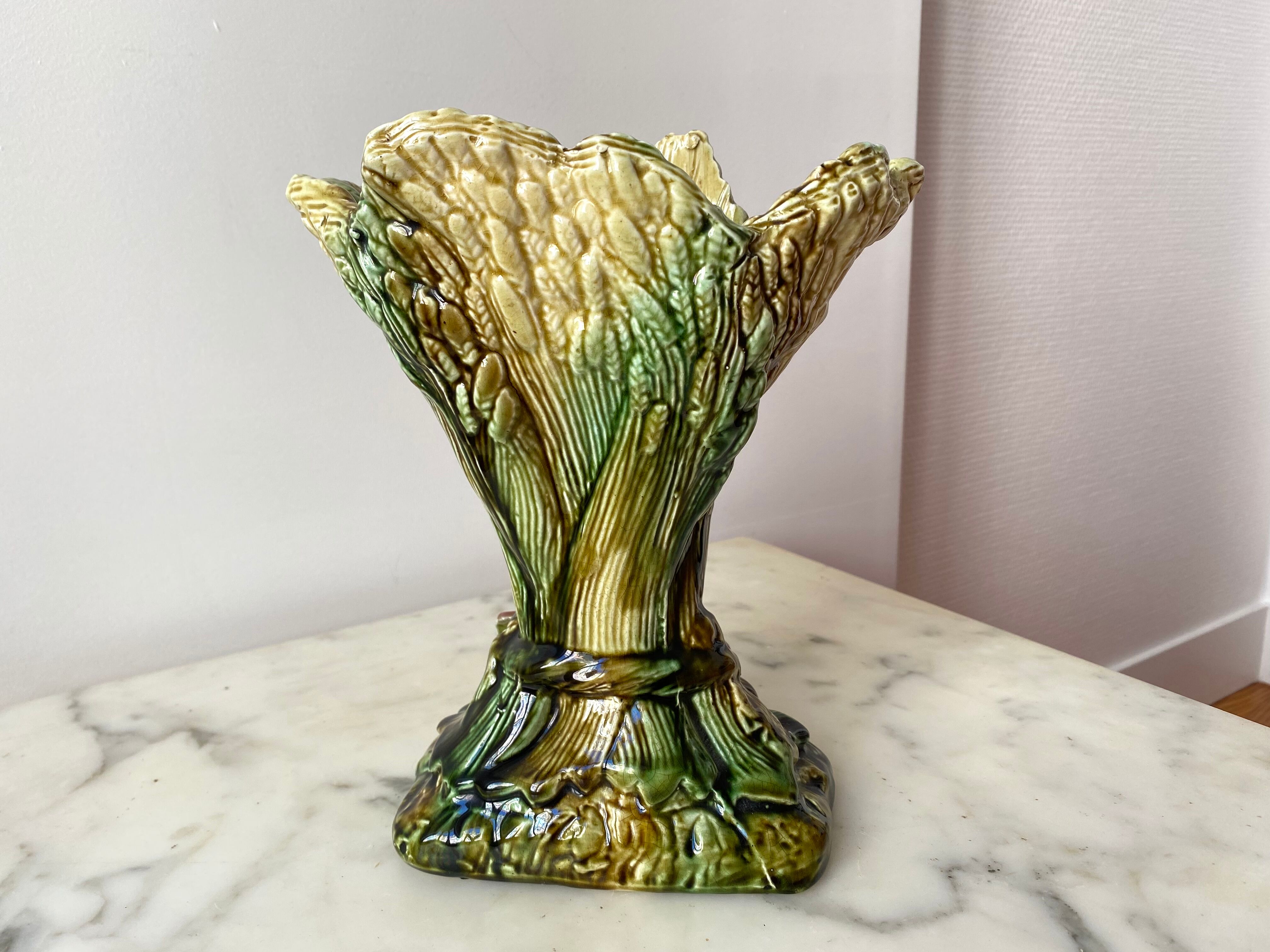 Slip vase majolica sheaves of wheat 30s vintage