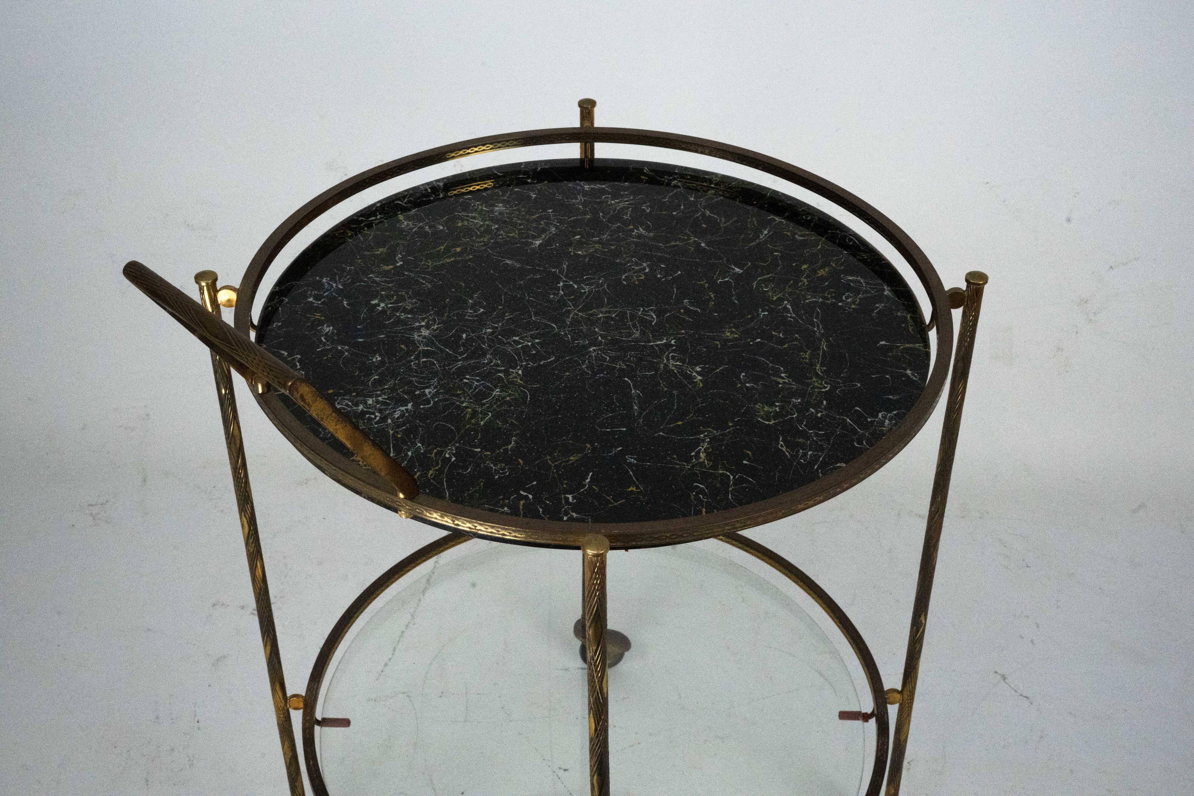 Round Mid-Century Brass and Marble-Effect Glass Bar Cart. Italy 1950s
