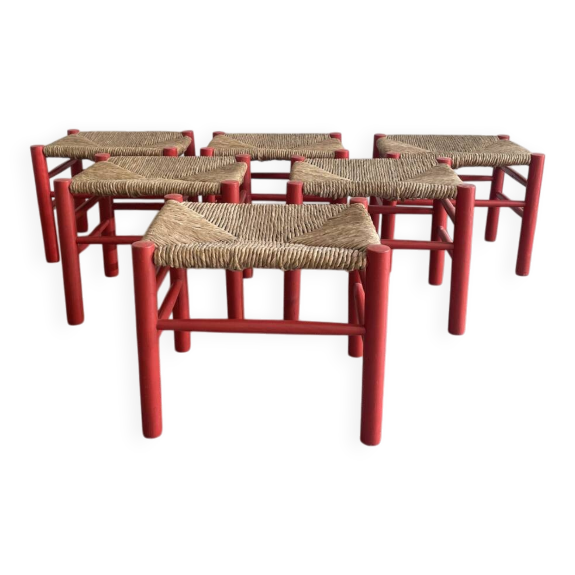 Set de 6 tabourets en pin massif et jonc. Espagne, années 1970.