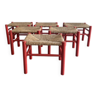 Set of 6 stools.. solid pine wood and bulrush.. Spain 1970s