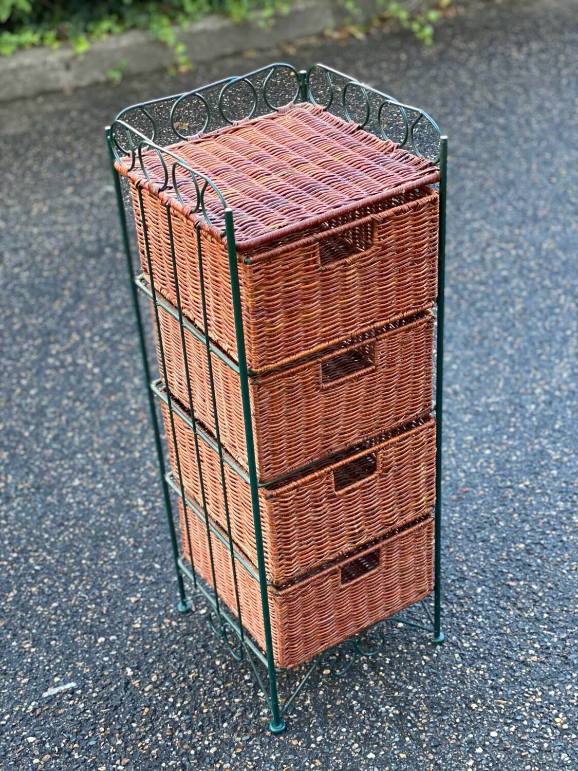 Metal chest of drawers and four woven wicker baskets