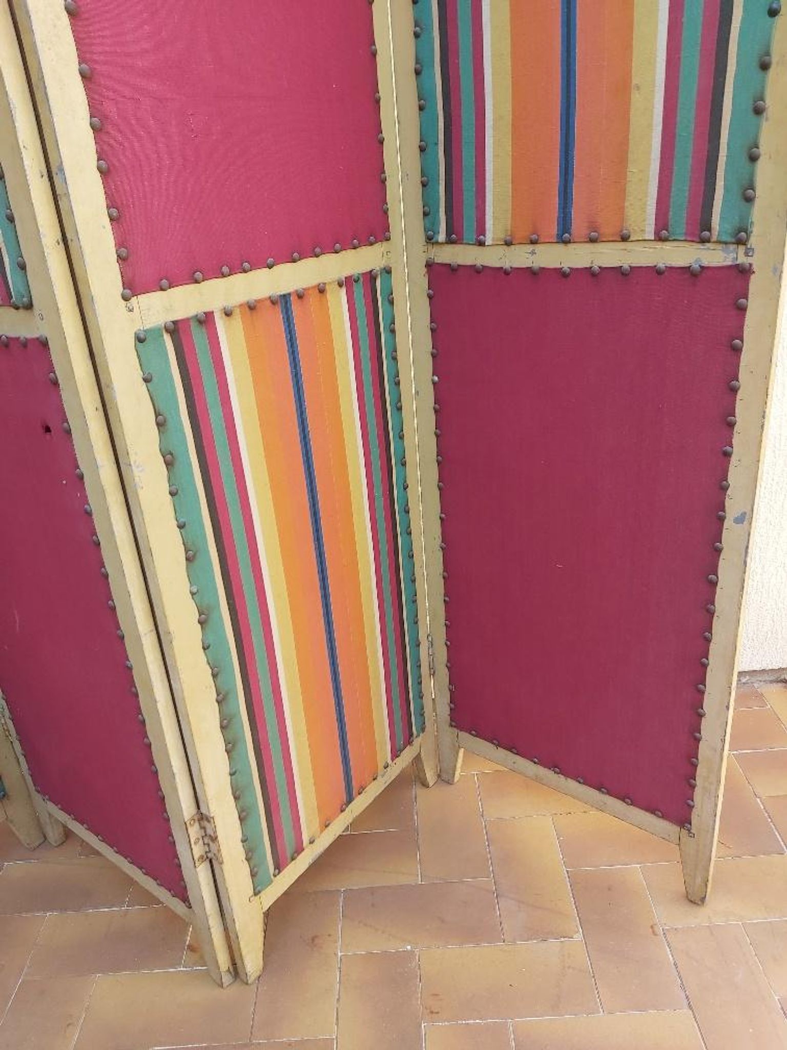 Paravent ancien 4 feuilles bois et tissu