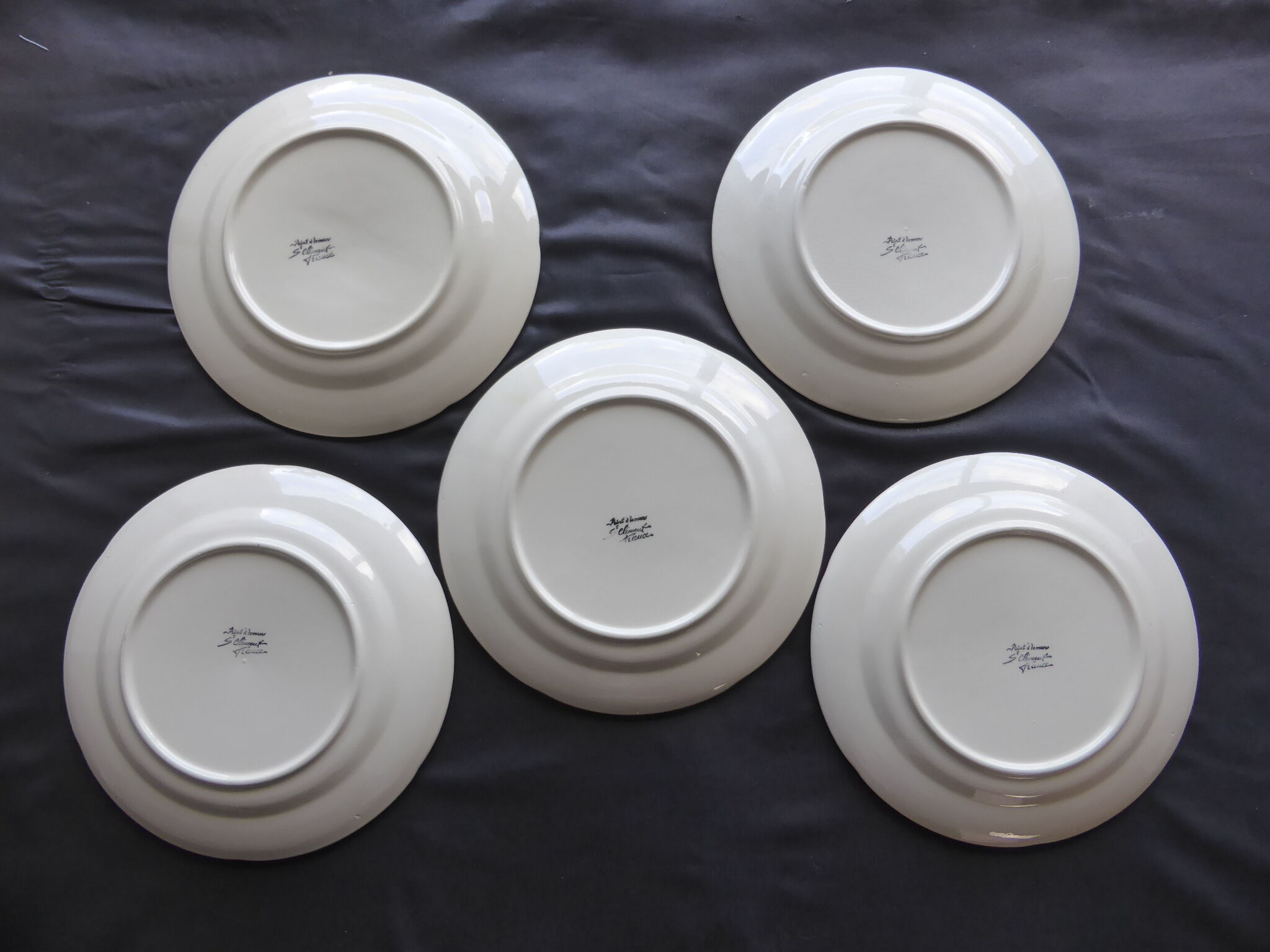 5 old dessert plates decorated with saint clement's dabbling fruit