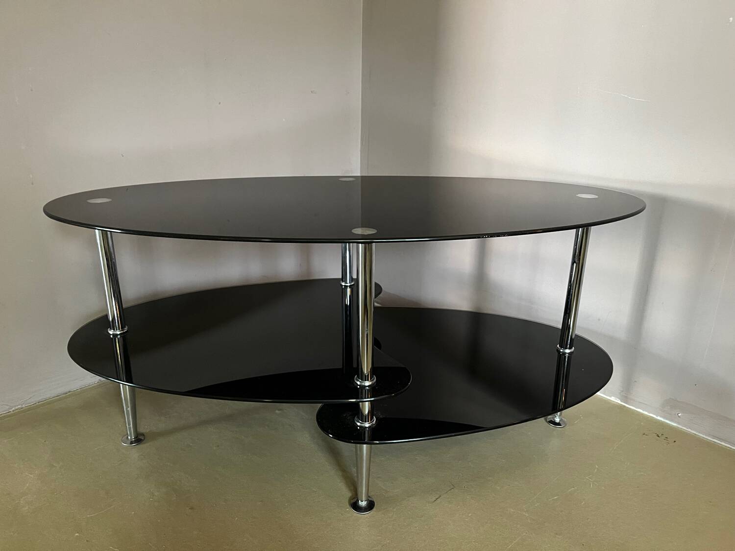 Vintage triple coffee table with smoked glass and chrome top