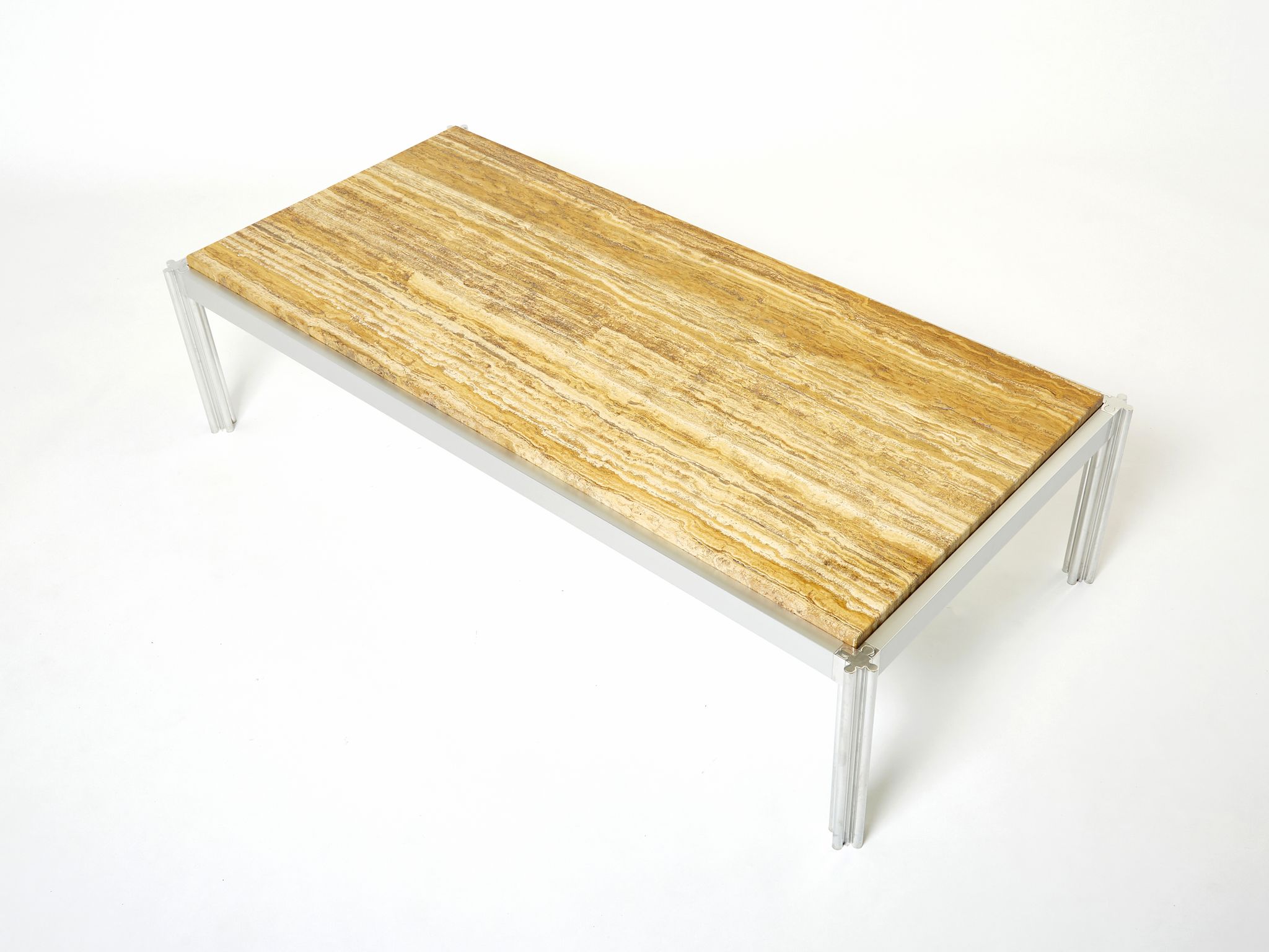 Table basse chrome aluminium travertin jaune George Ciancimino 1975