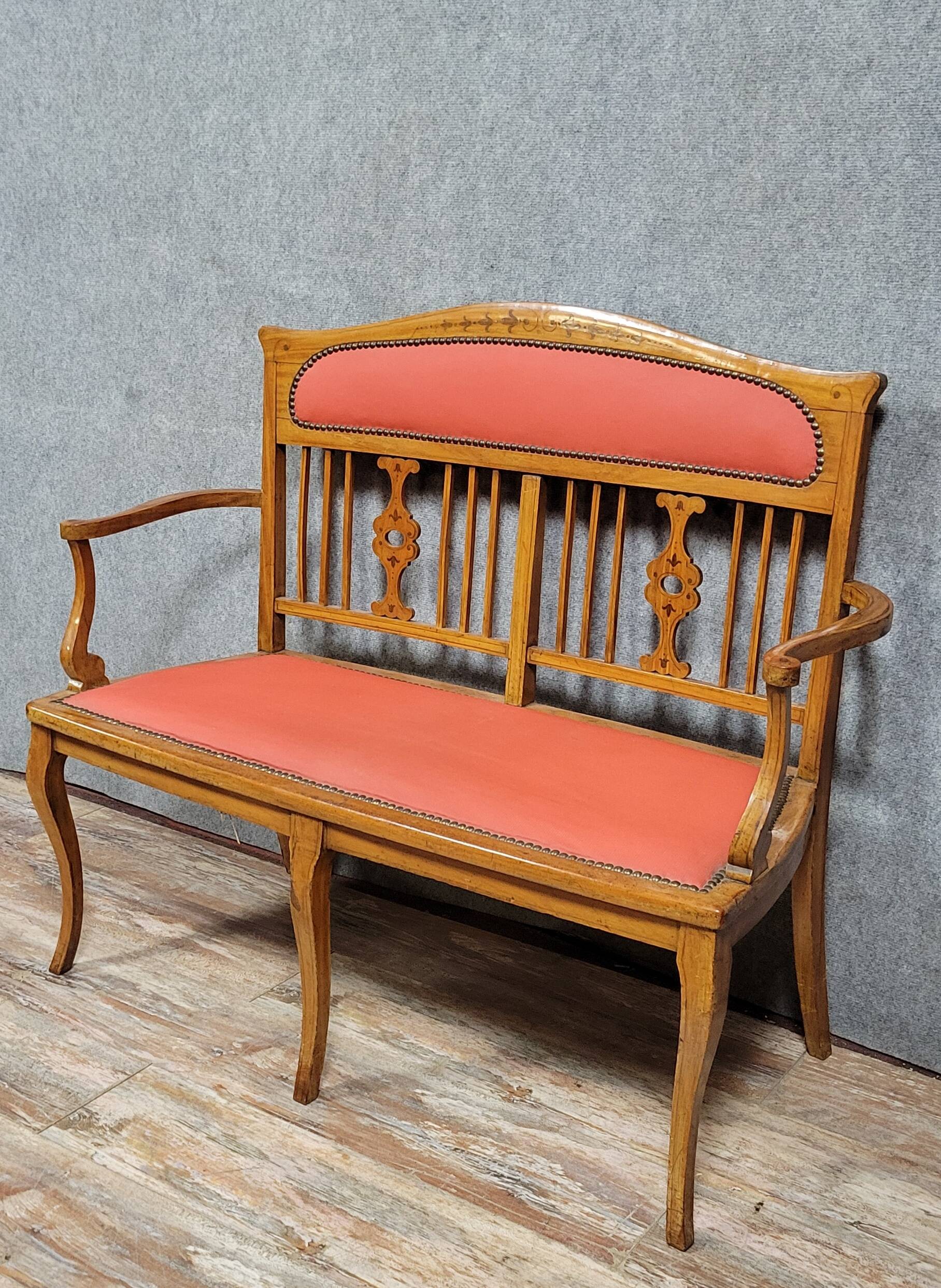 Art Nouveau period bench in light wood and marquetry circa 1900