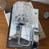 Swan neck wall light in stainless steel, thick glass shade, stainless steel rose.