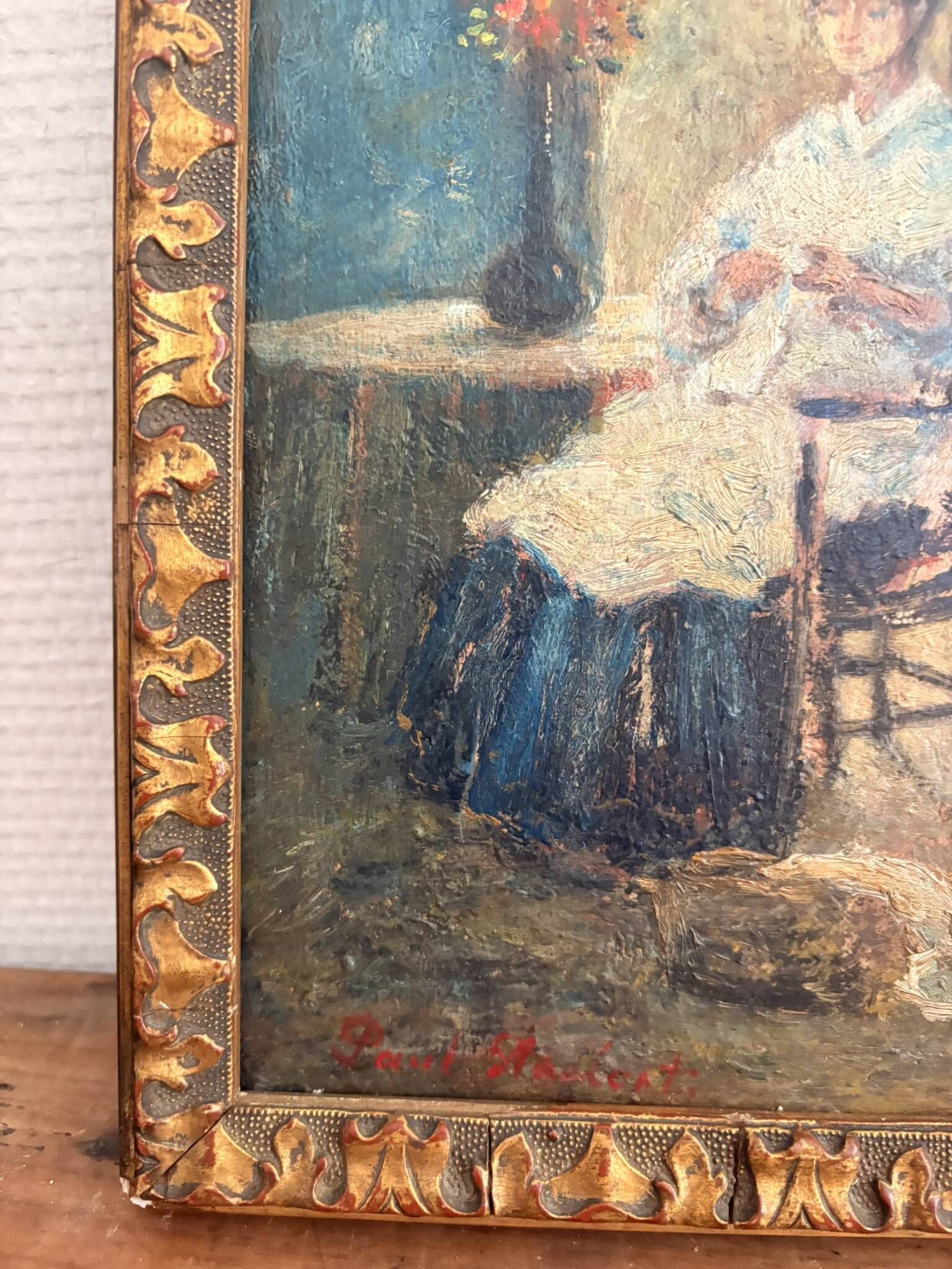 Oil Painting Tableau Paul Flaubert 1928-1994 Interior Scene Knitter