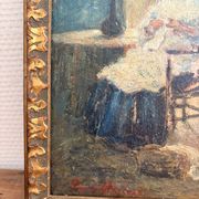 Oil Painting Tableau Paul Flaubert 1928-1994 Interior Scene Knitter