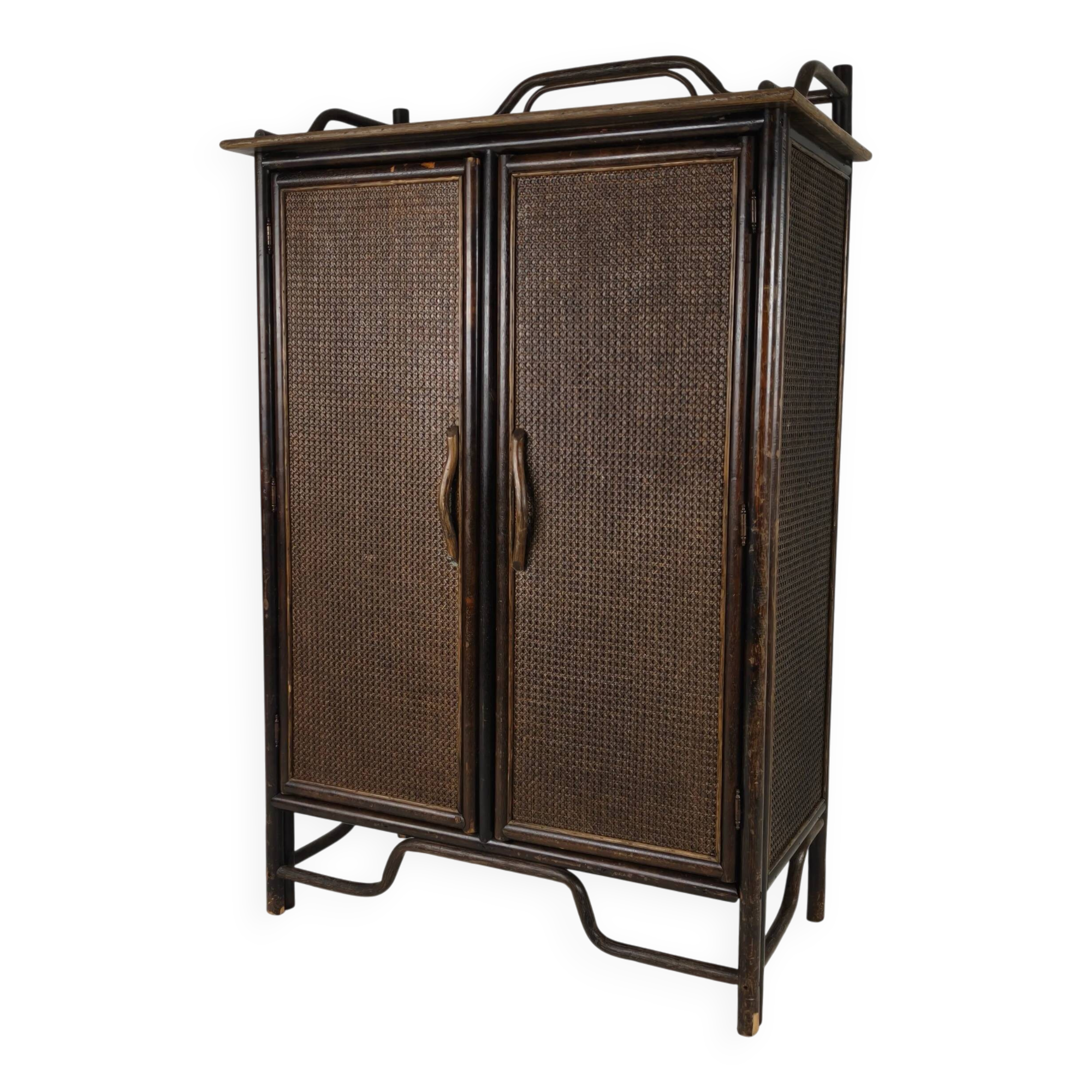 Vintage wicker wardrobe / linen cabinet – rattan & bamboo