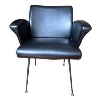 Fauteuil vintage en skaï et acier noir, années 1950