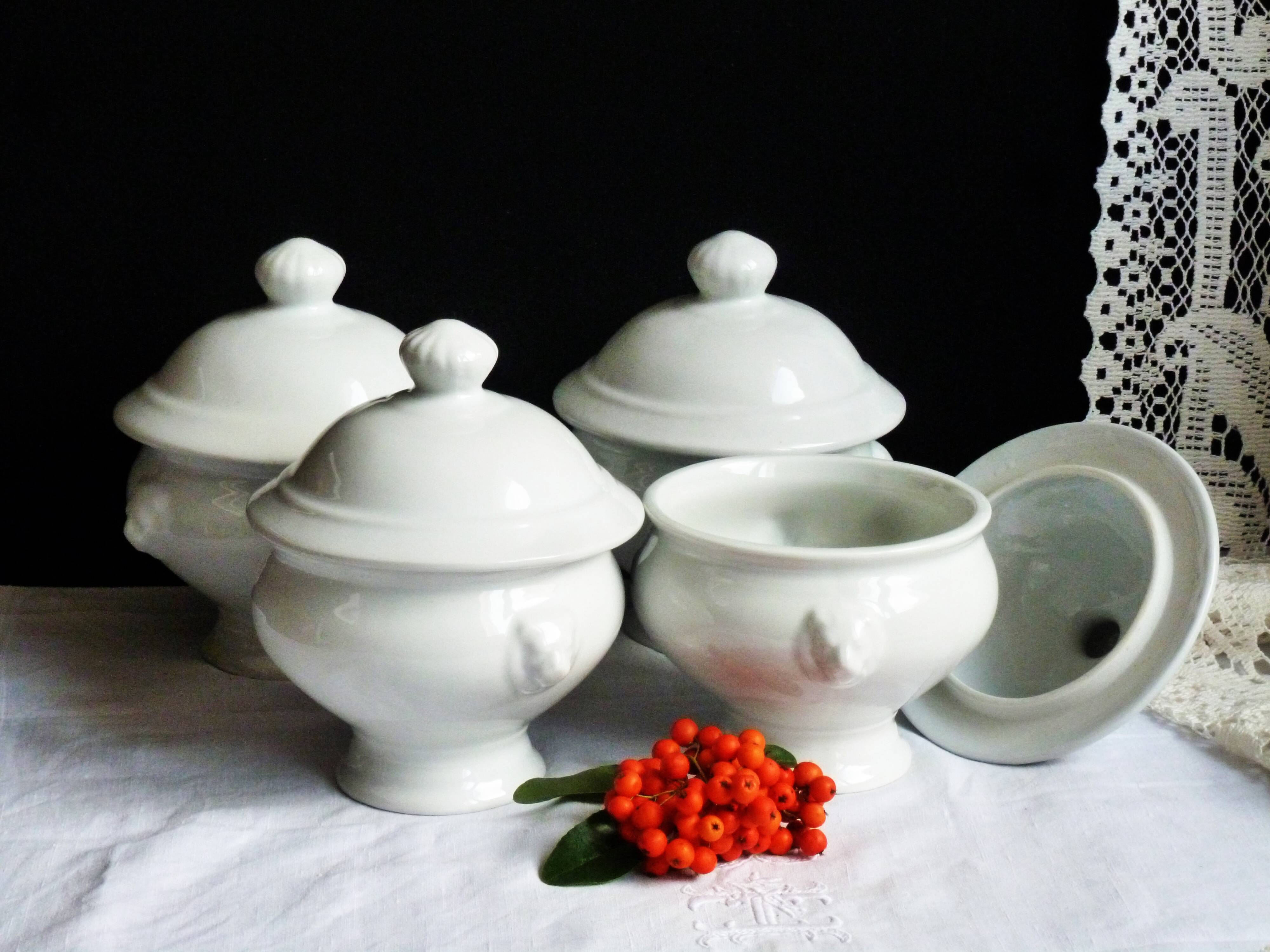White onion soup bowls with lids, French soup bowls.