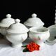White onion soup bowls with lids, French soup bowls.
