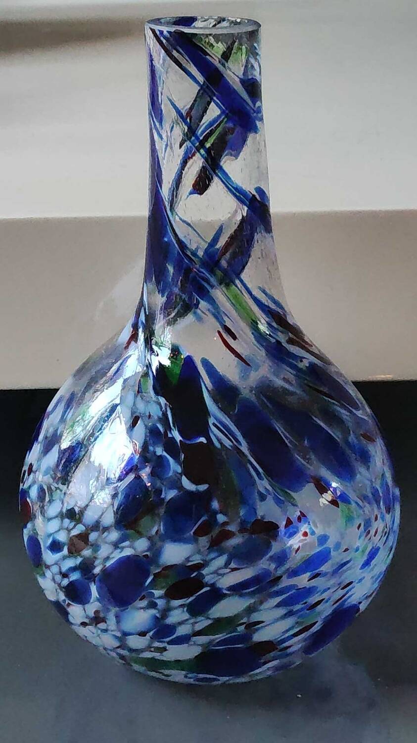 Designer Ball Vase in blown art glass, Murano style. Multi-colored speckles/smoke swirls. Dim 26 x 13 cm