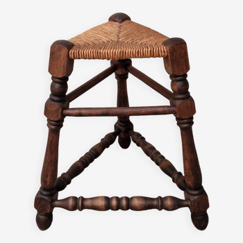 Tabouret tripode bois et paille