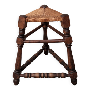 Tabouret tripode bois et paille