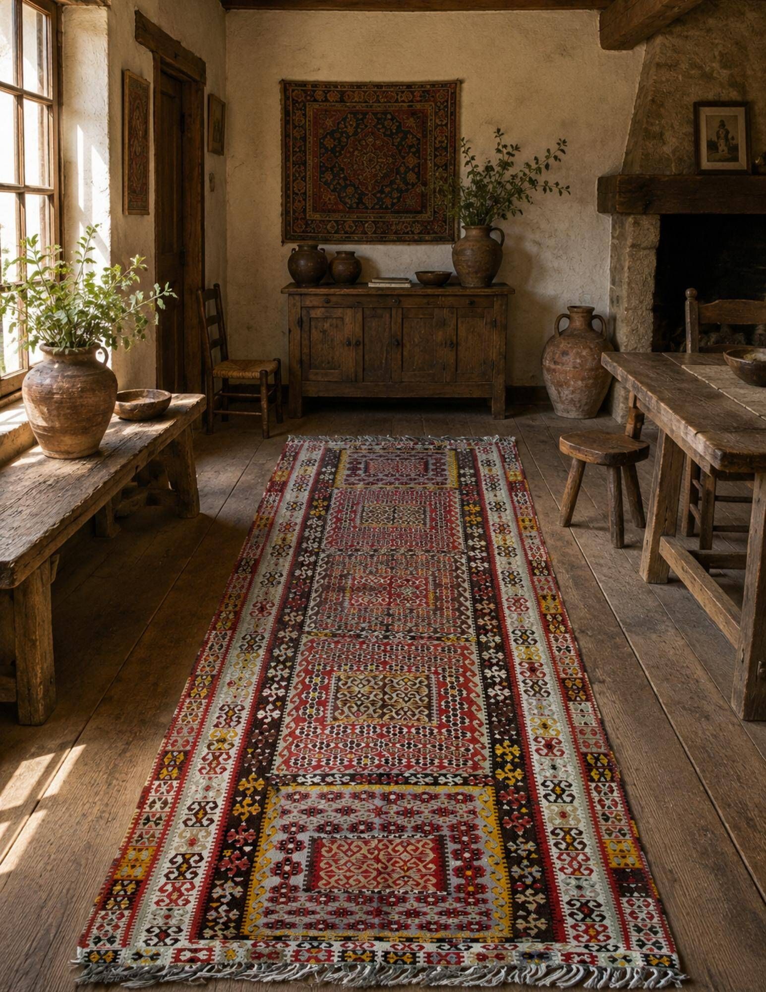 Antique Turkish Kilim Rug Traditional Tribal Runner Hand-Woven