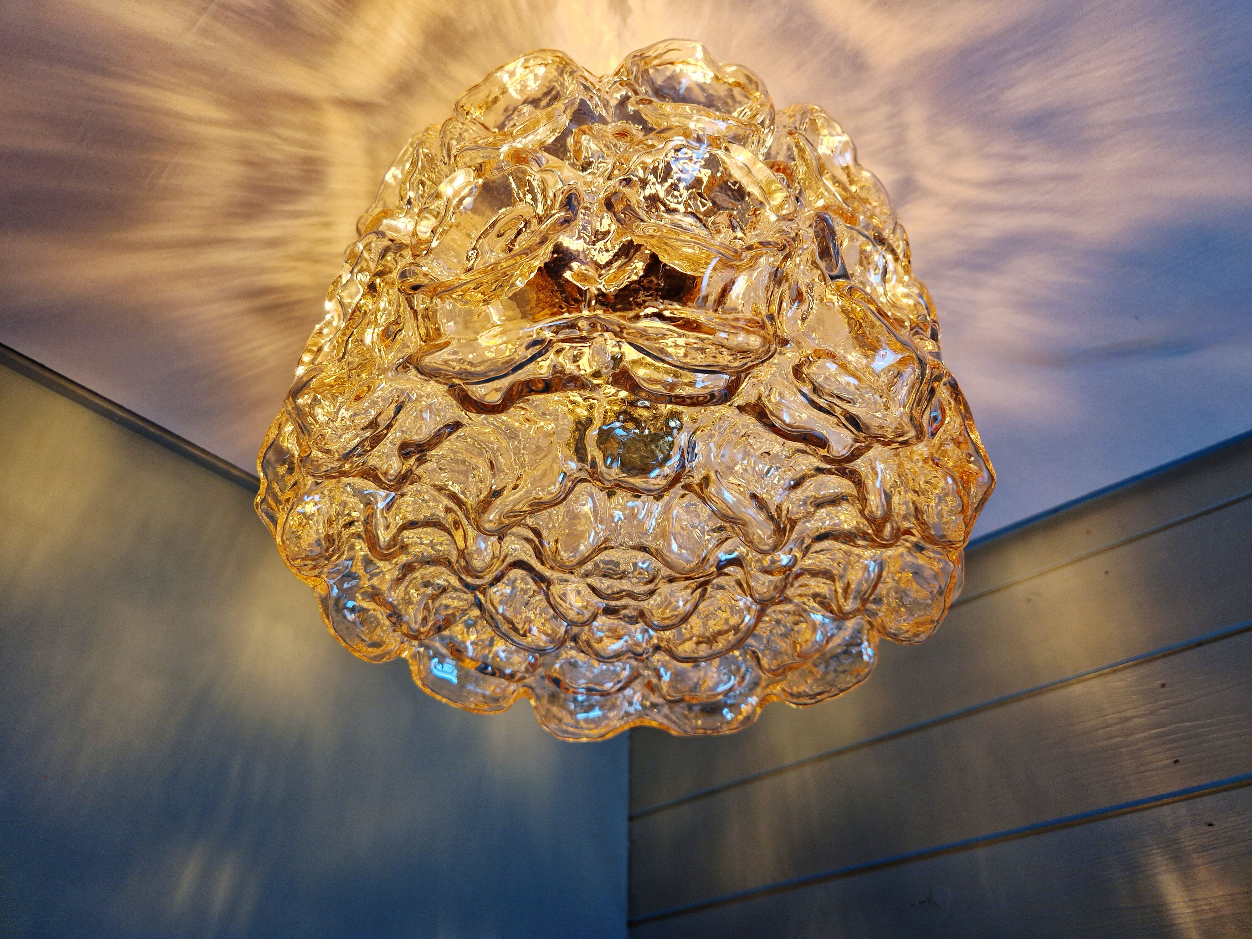 Brass and amber textured glass ceiling light, design by Helena Tynell, Limburg.
