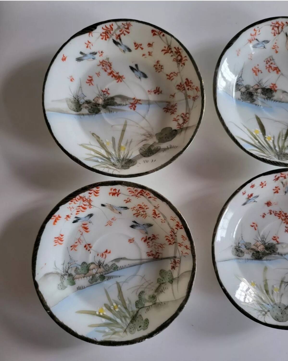 Series of 10 Fine Porcelain Cups and Saucers with Japanese Decor