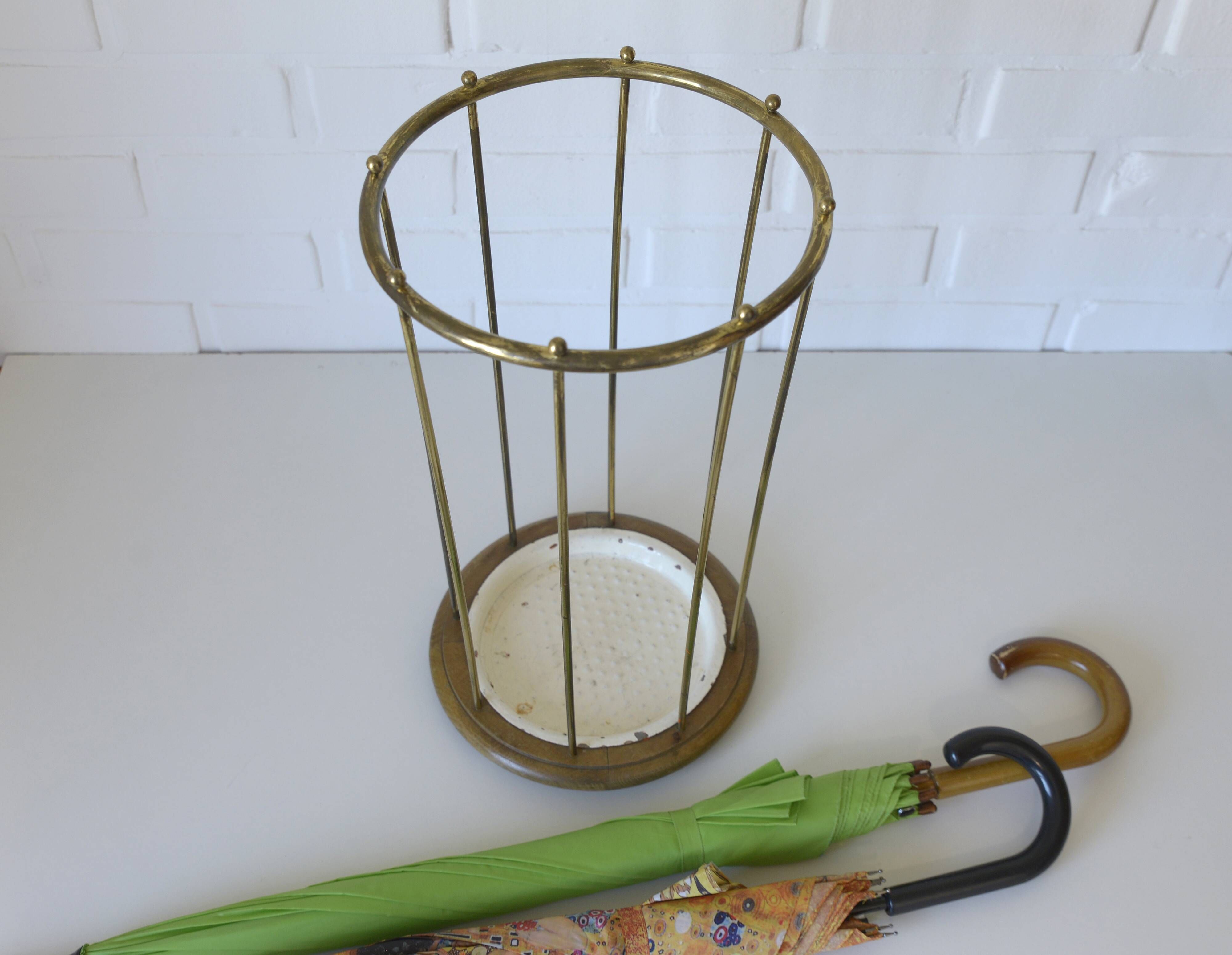 Vintage umbrella stand mid-century brass metal stick holder from 1960s