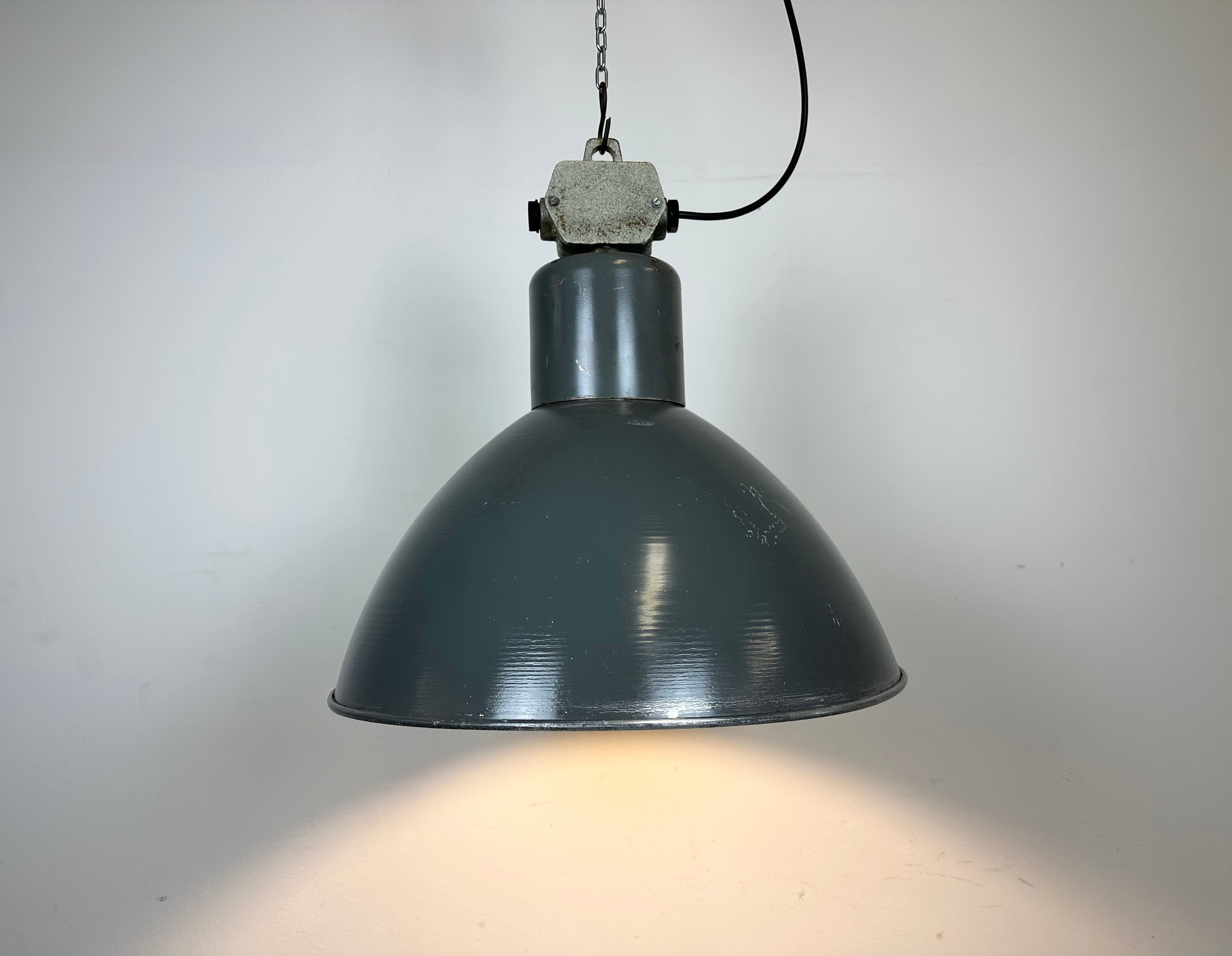 Grey industrial aluminium pendant lamp from polam wilkasy, 1960s