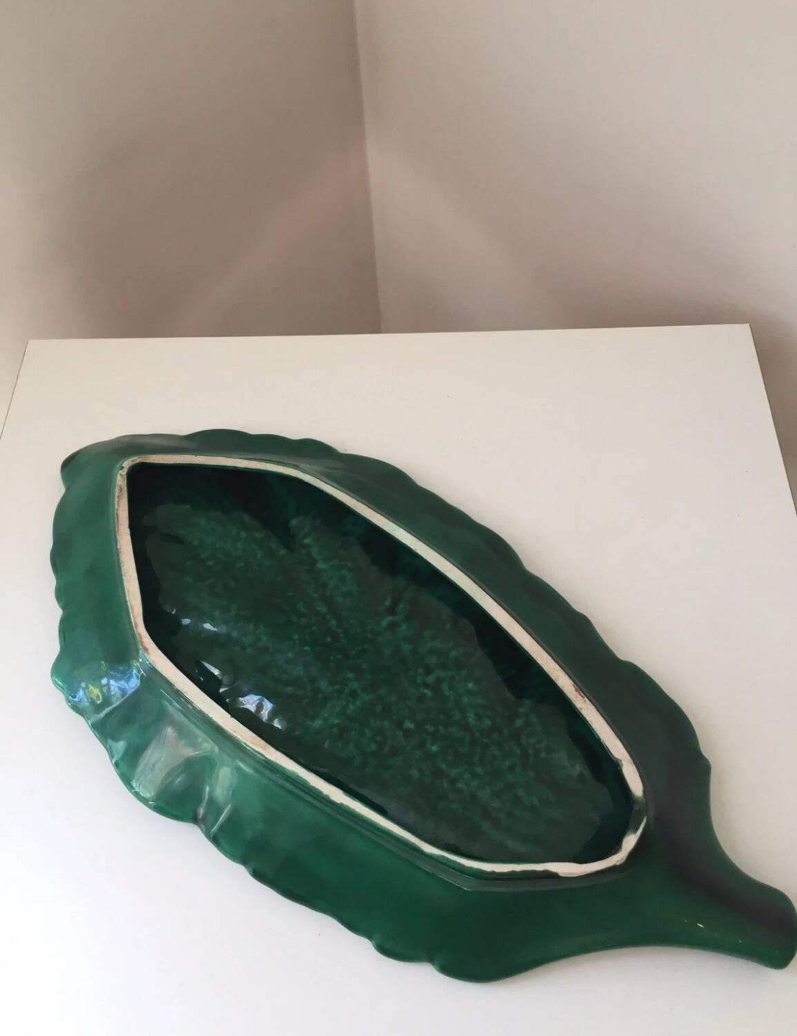 Large Vintage Green Leaf Earthenware Tray