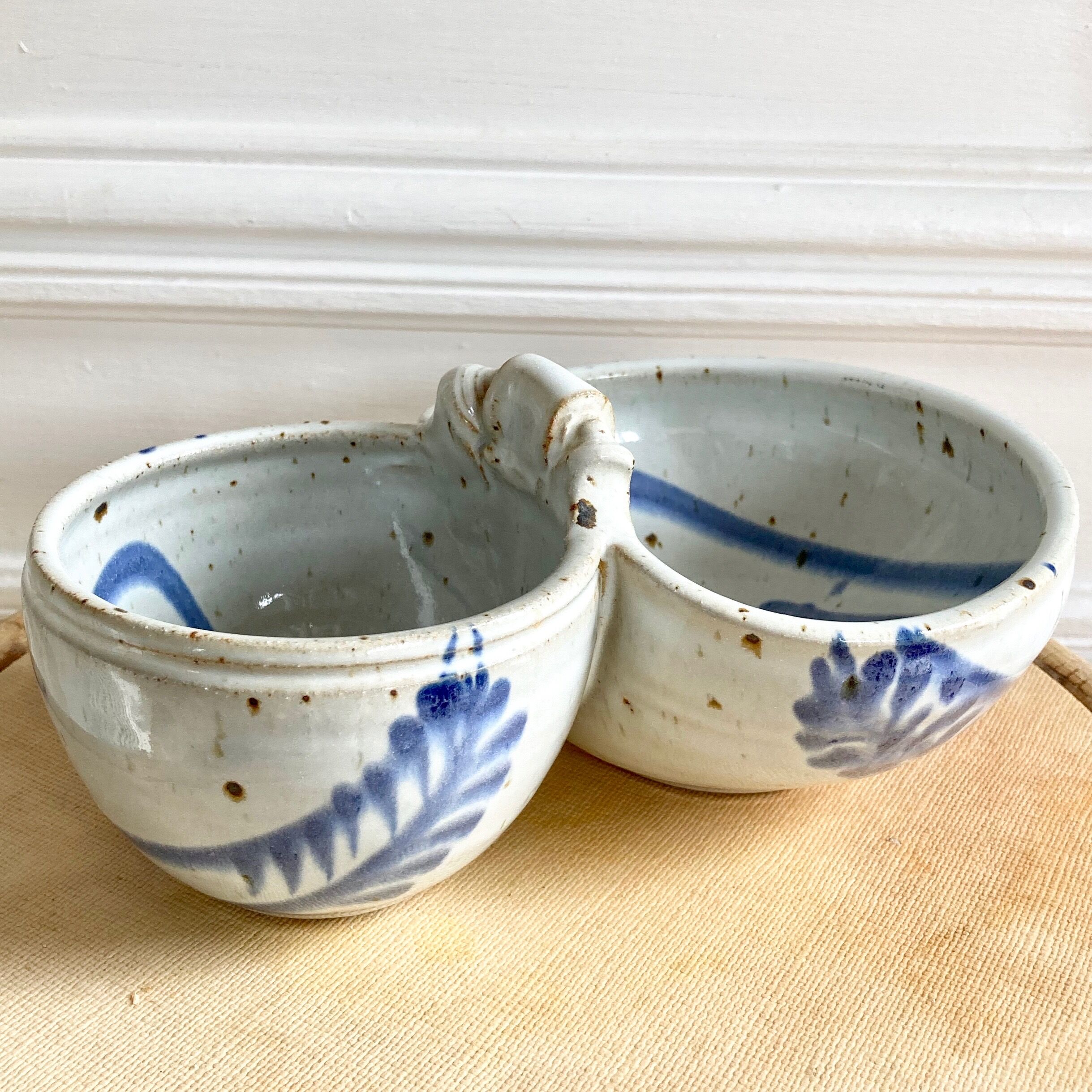 Appetizer server with two stoneware bowls or cups