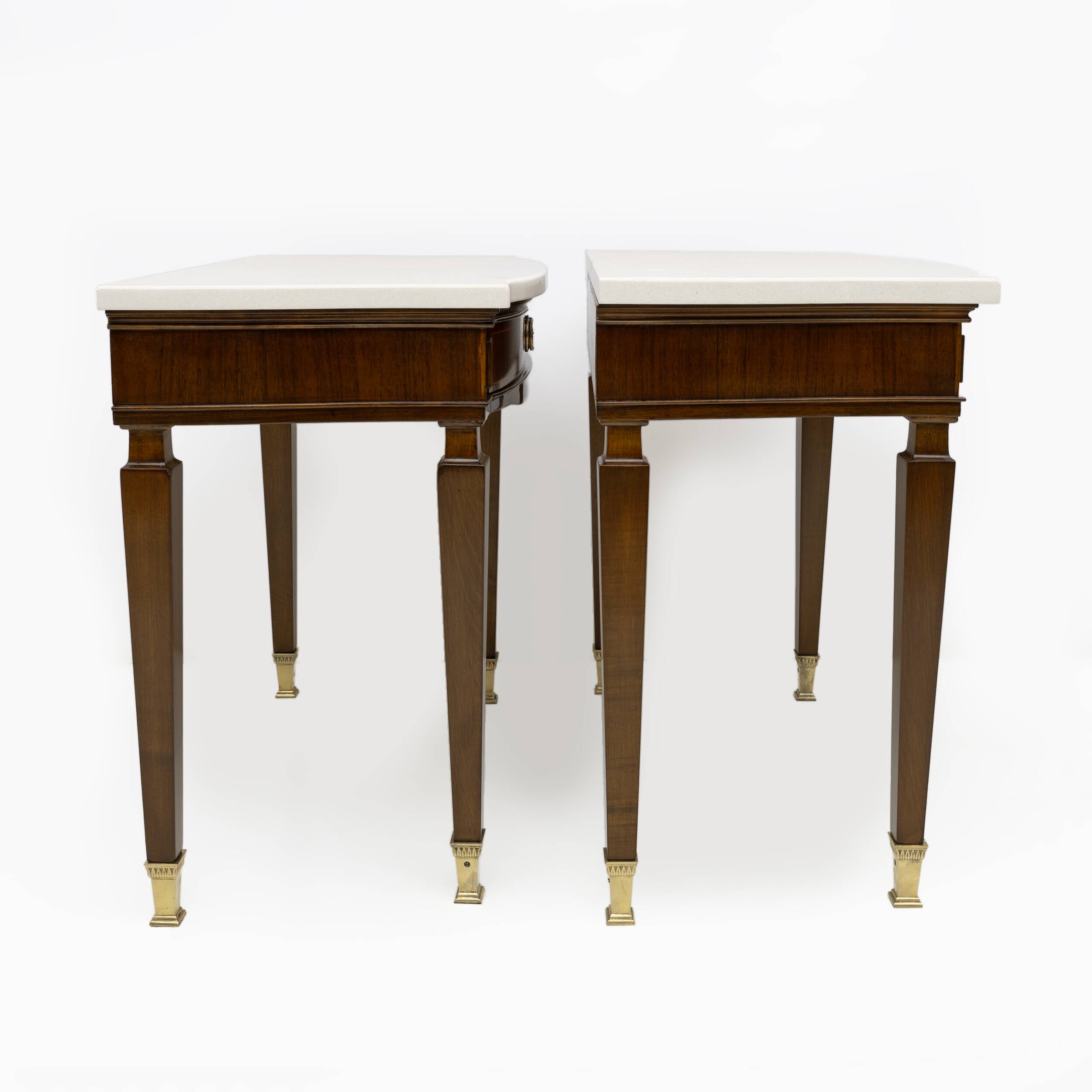 Pair of Neoclassical Style Marble and Mahogany Bedside Tables