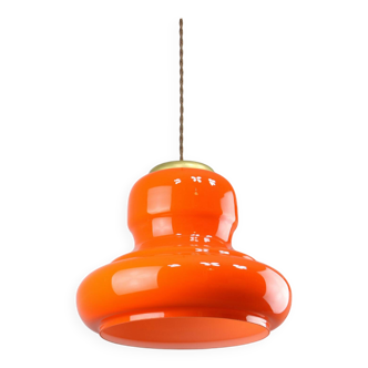 Lampe à suspension italienne du milieu du siècle en verre orange et laiton