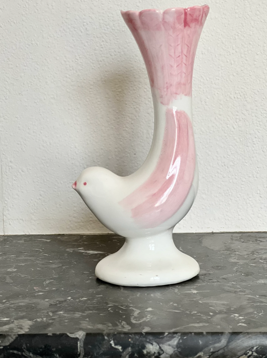 Vintage cone vase in the shape of a pink and white bird