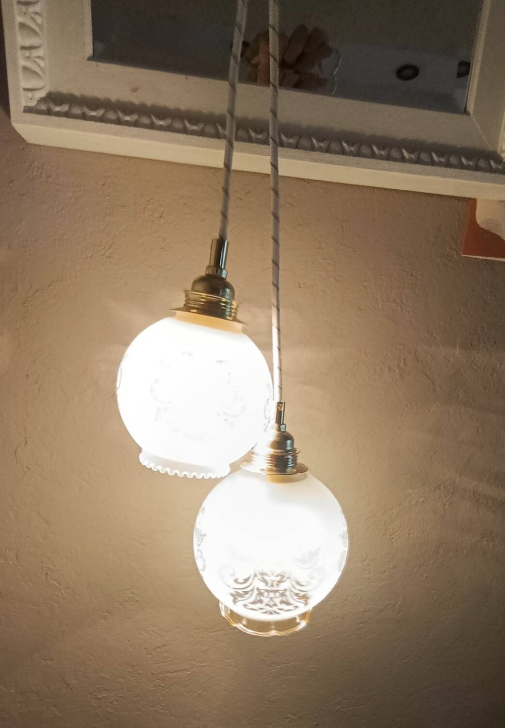 suspension chandelier double glass retro chic, vintage upcycled