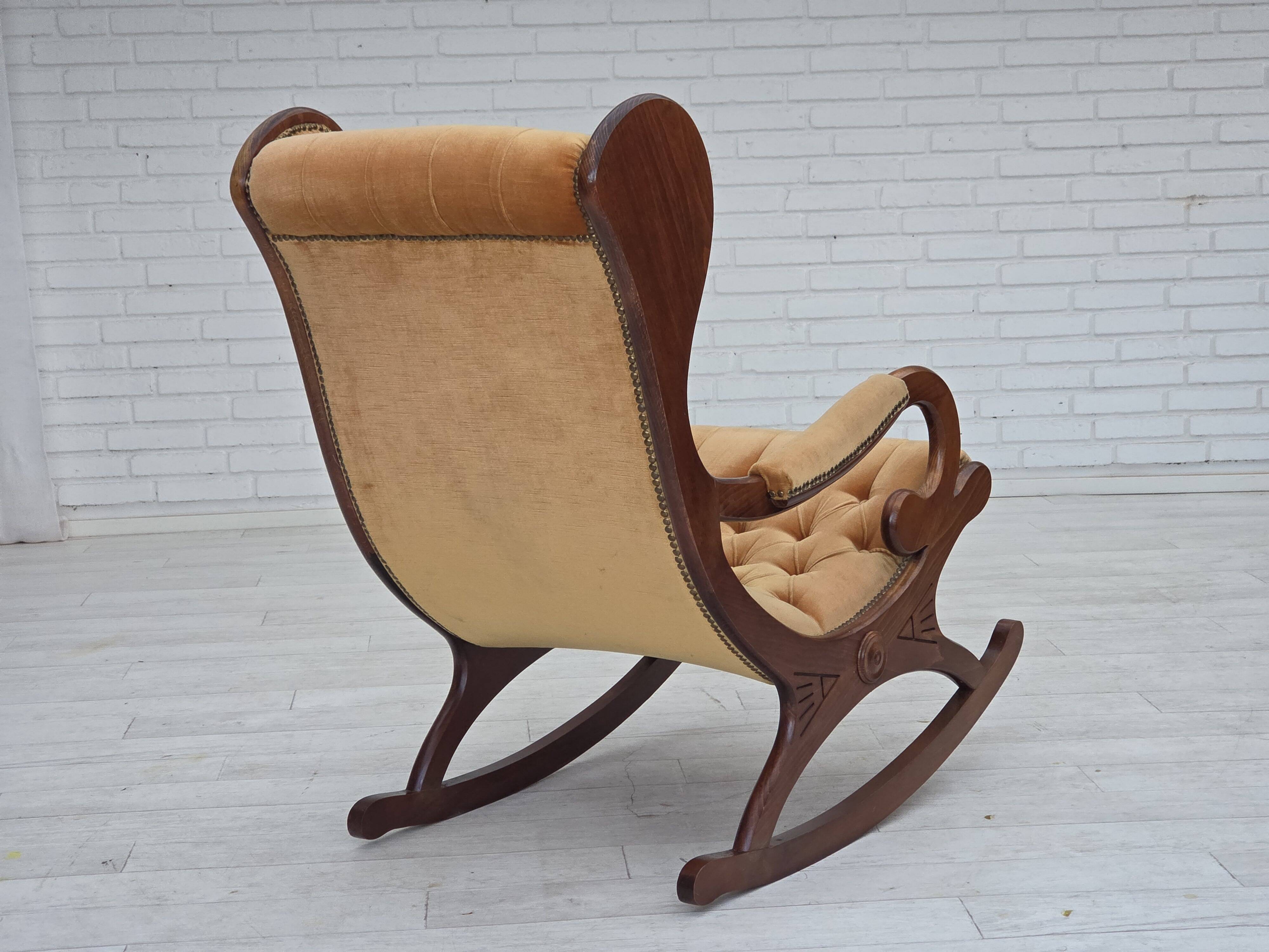 1960s, Scandinavian rocking chair, furniture velour, dark beech wood.