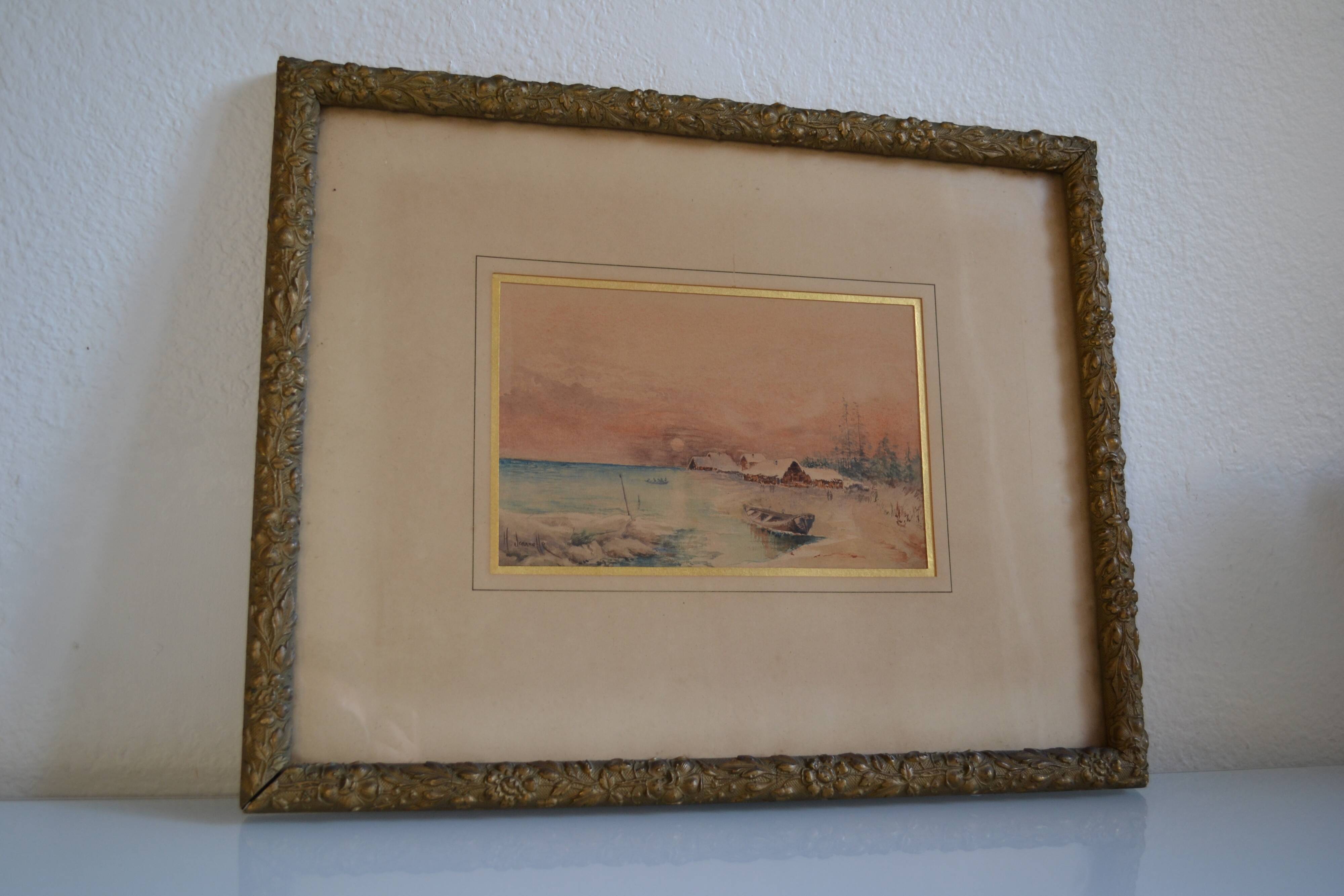 Old watercolor painting of seaside landscape signed H. Jeannolle 19th century