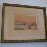 Peinture à l'aquarelle ancienne paysage de bord de mer signé H. Jeannolle XIXe s