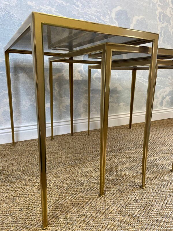 Ensemble de 3 tables gigognes en laiton, Hollywood Regency, Vereinigte Werkstätten, Allemagne, années 1960